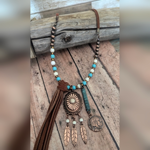 New Original Design Boho Western Brown Suede Cord With Beads & Charms Necklace - Picture 2 of 6